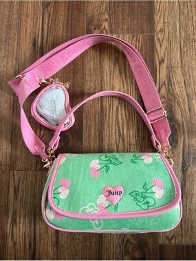 Juicy Couture Green and Pink Cherry Print Shoulder Bag